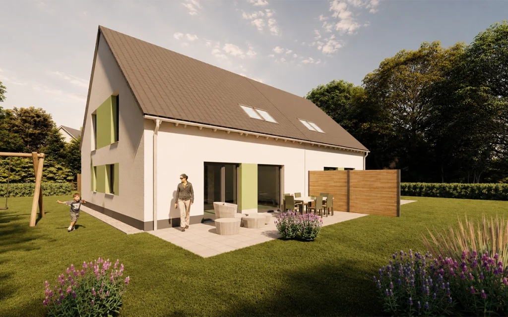 Gartenseite des Simply Doppelhauses XL mit Terrasse und Sichtschutz.