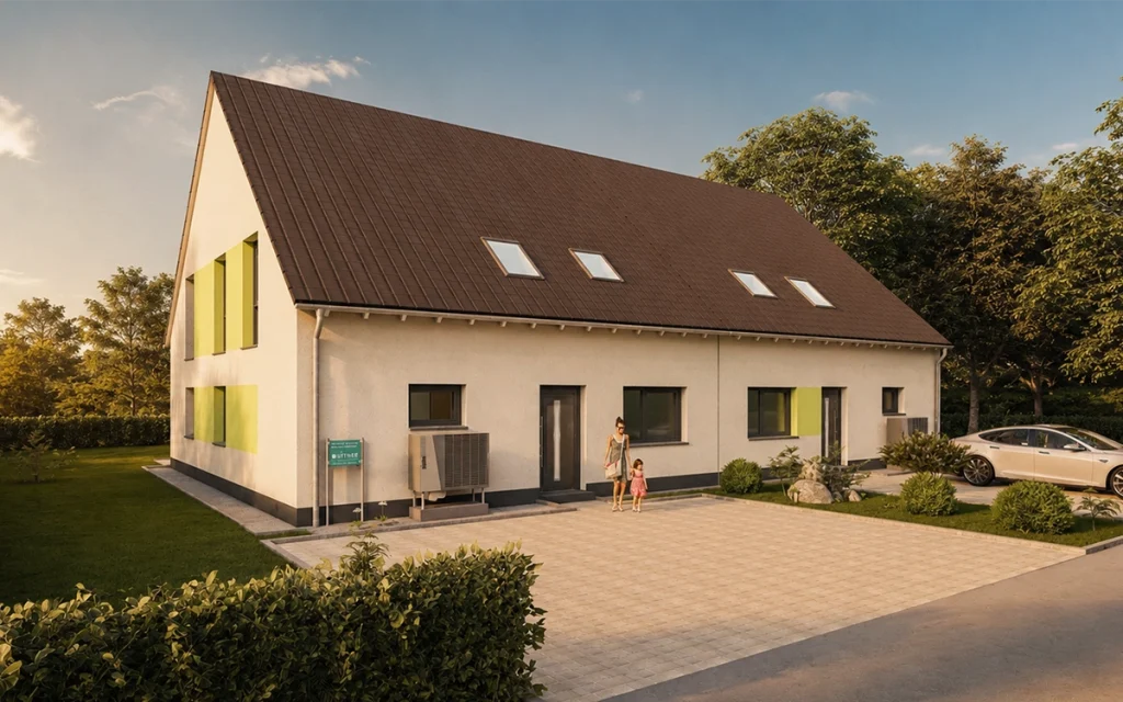 Außenansicht des Simply Doppelhauses XL mit Stellplätzen und Satteldach.