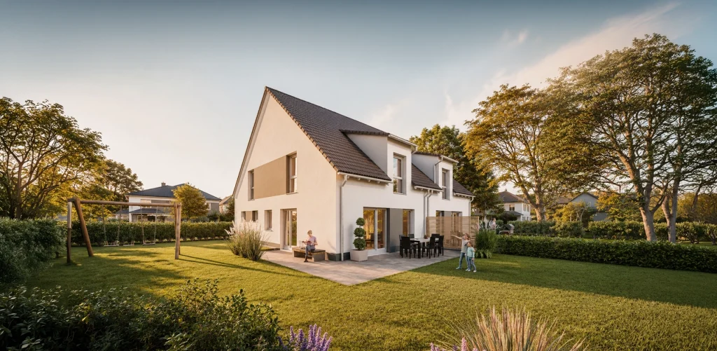 Modernes Doppelhaus mit großzügiger Terrasse und eigenem Garten – ideal für entspanntes Familienleben mit viel Freiraum.