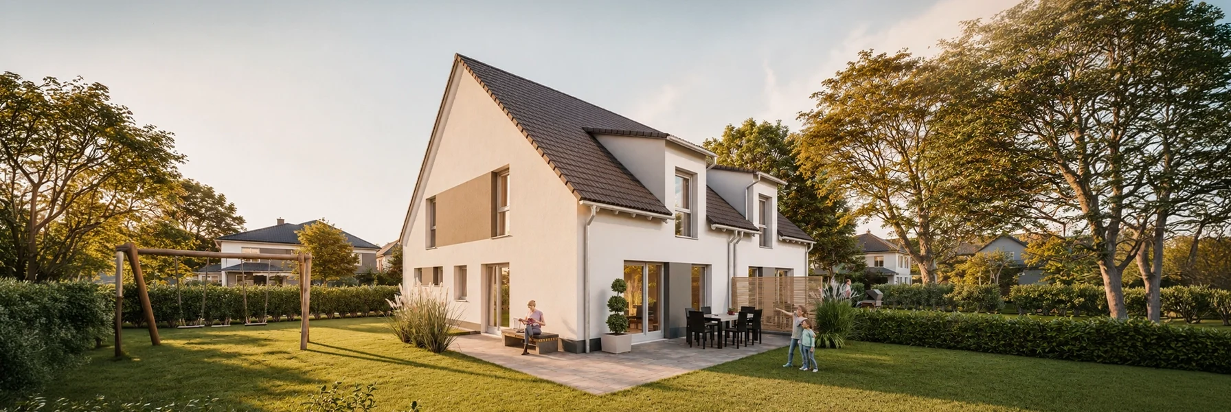 Modernes Doppelhaus mit großzügiger Terrasse und eigenem Garten – ideal für entspanntes Familienleben mit viel Freiraum.