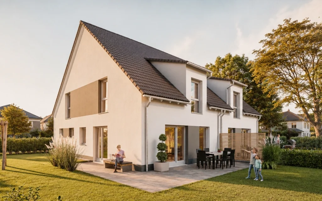 Modernes Doppelhaus mit großzügiger Terrasse und eigenem Garten – ideal für entspanntes Familienleben mit viel Freiraum.