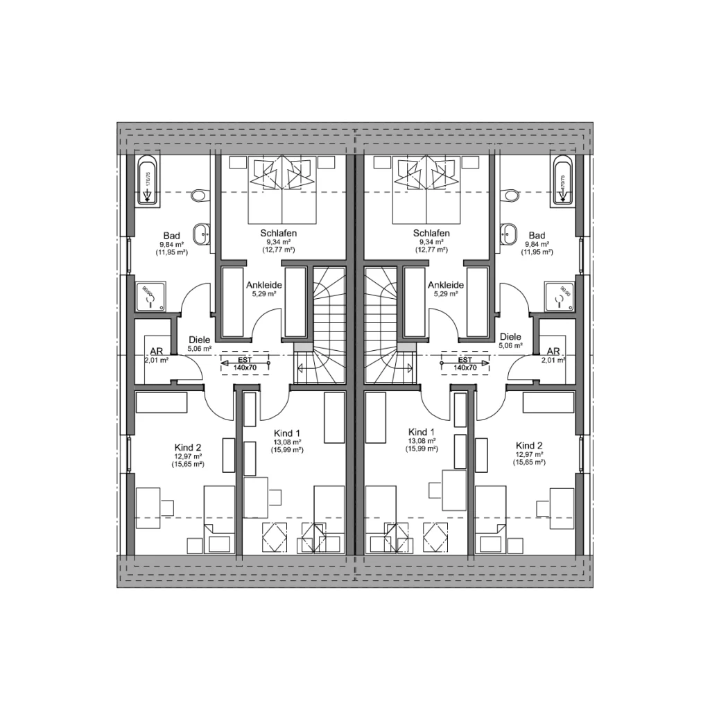 Grundriss Dachgeschoss des Simply Doppelhaus Slim mit drei Schlafzimmern und Bad.