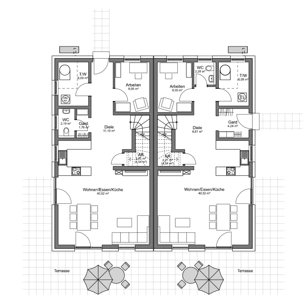 Grundriss Erdgeschoss des Simply Doppelhaus Slim mit offenem Wohn- und Essbereich.