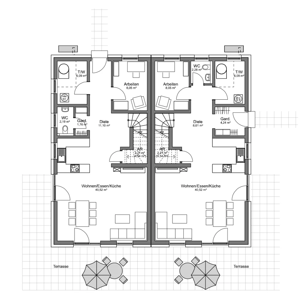 Grundriss Erdgeschoss des Simply Doppelhaus Slim mit offenem Wohn- und Essbereich.