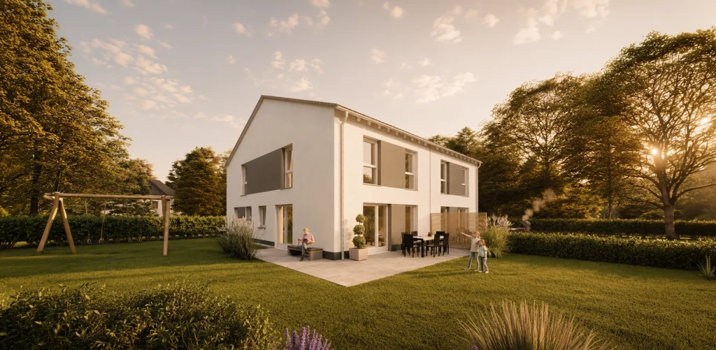 Simply Doppelhaus Slim mit zwei Wohneinheiten und großzügigem Garten.