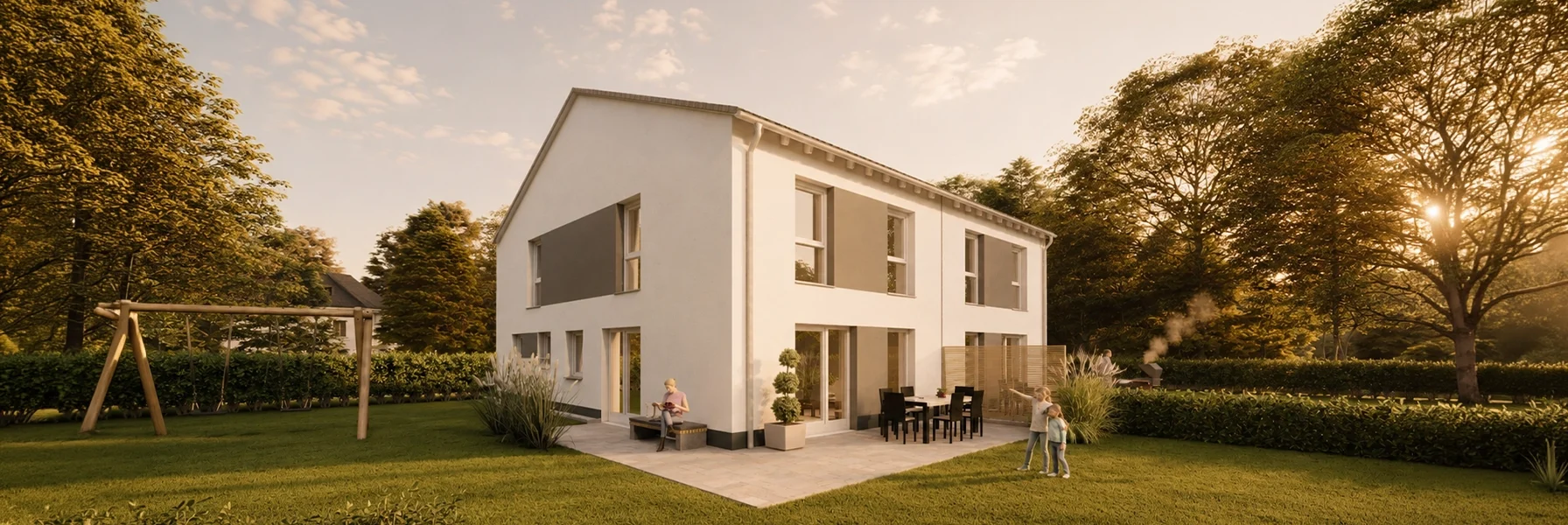 Simply Doppelhaus Slim mit zwei Wohneinheiten und großzügigem Garten.