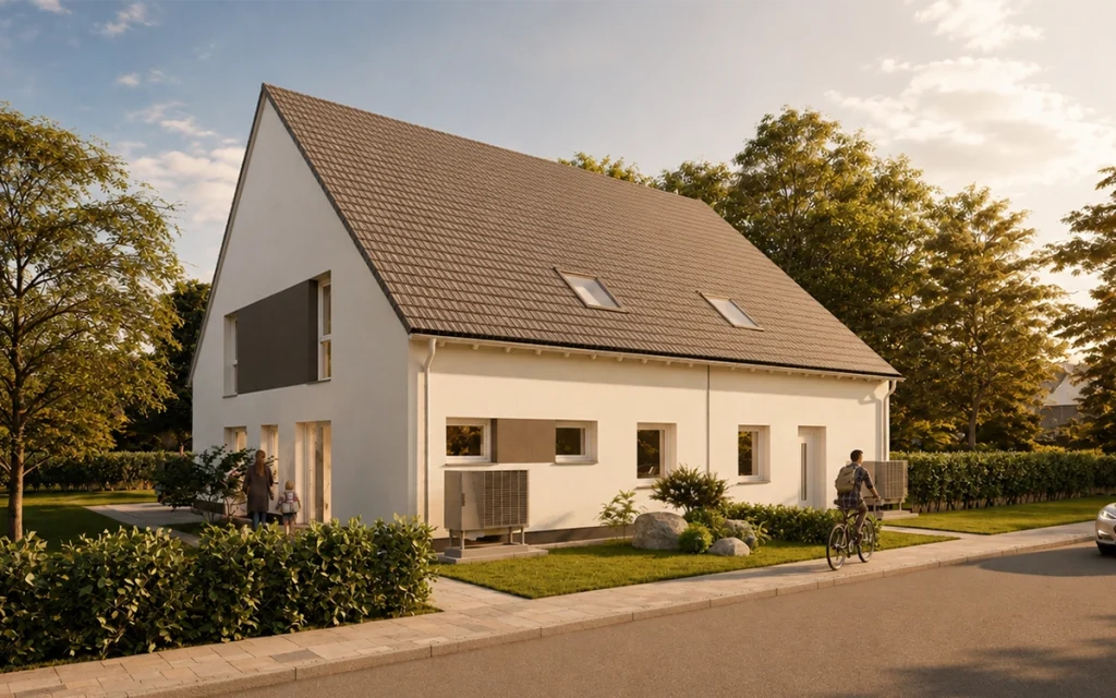Straßenansicht des Simply Doppelhaus Slim mit zwei Wohneinheiten und Satteldach.
