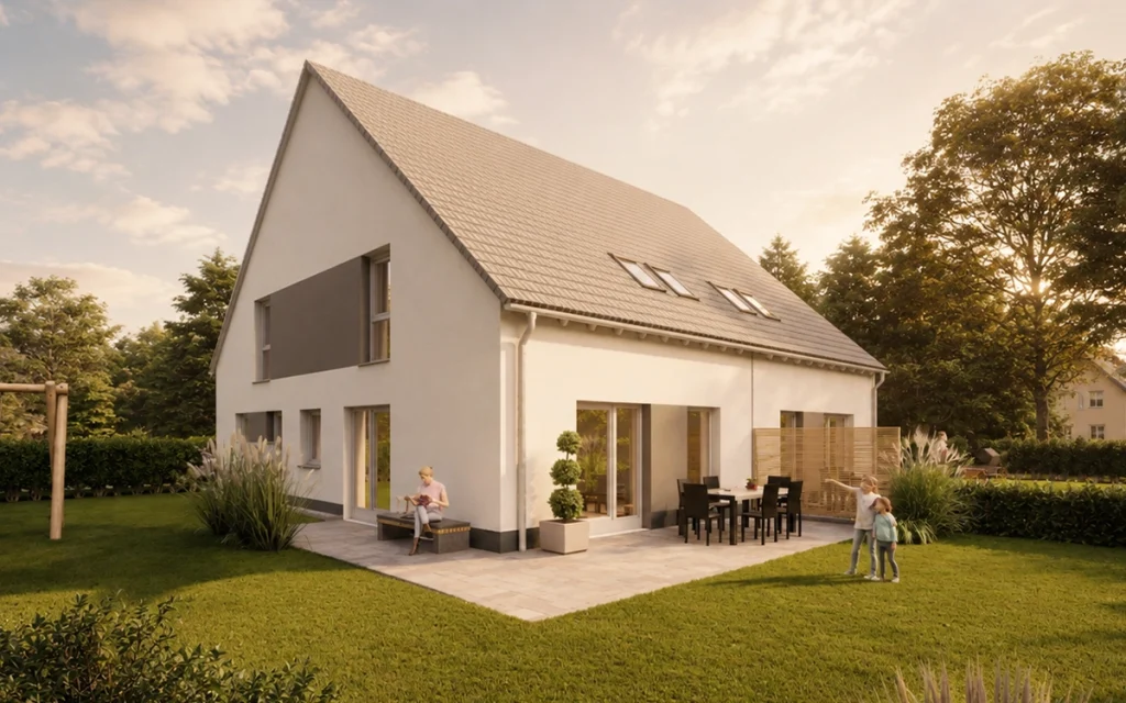 Gartenseite des Simply Doppelhaus Slim mit Terrasse und großzügigem Außenbereich.