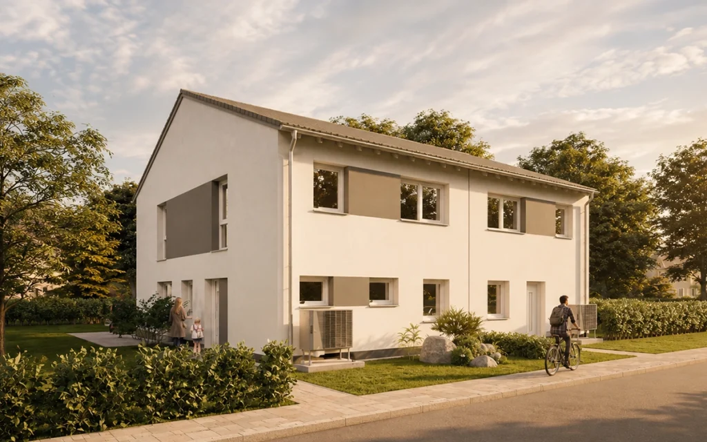 Straßenansicht des Simply Doppelhaus Slim mit Erdgeschoss und Obergeschoss