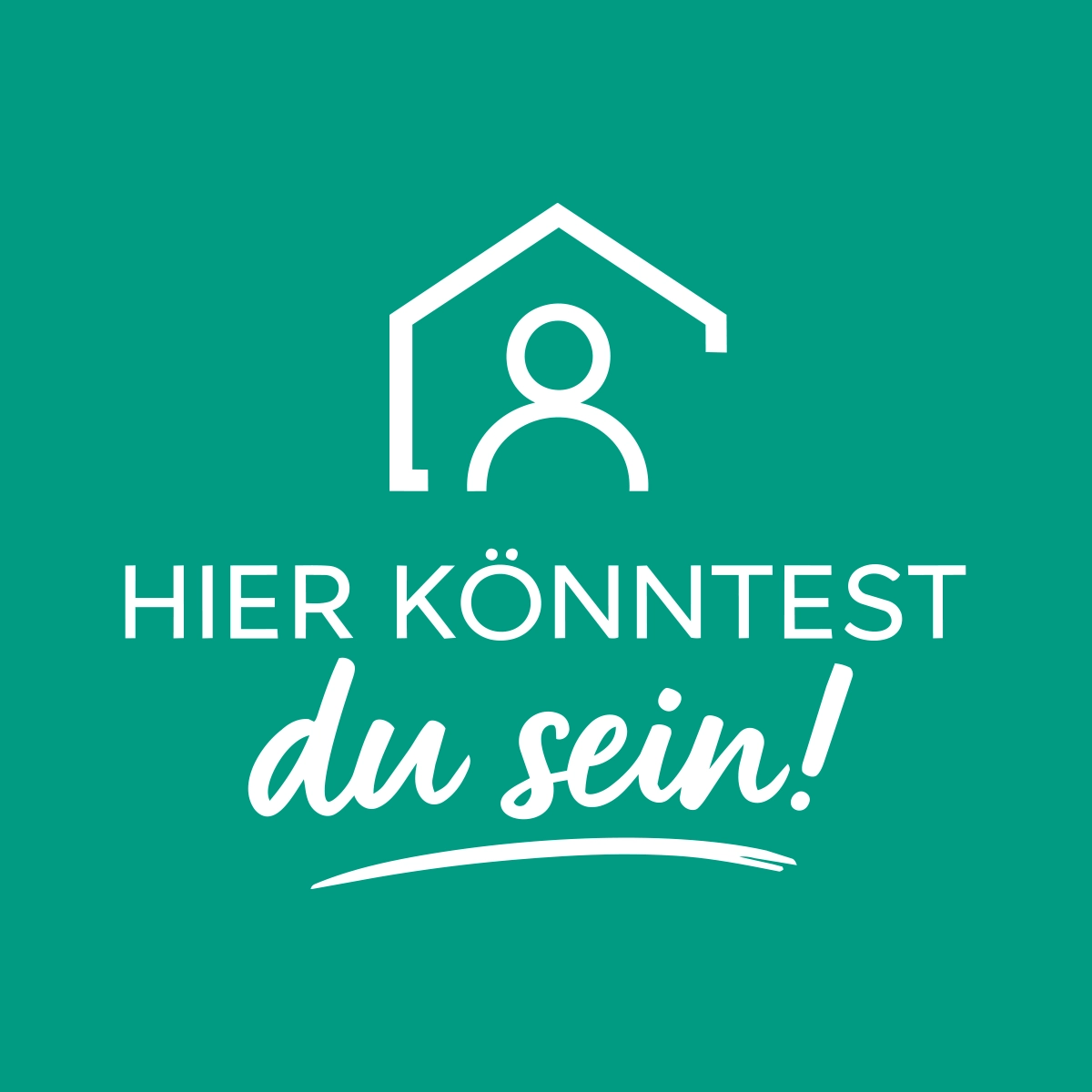 : Grafik mit stilisiertem Haus und Person sowie der Aufschrift „Hier könntest du sein!“ für die Stellenanzeige bei Büttner Massivhaus.