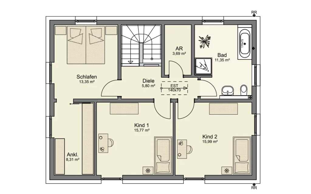 Grundriss des Obergeschosses mit Schlafzimmer, Ankleide, zwei Kinderzimmern, Bad und Abstellraum.
