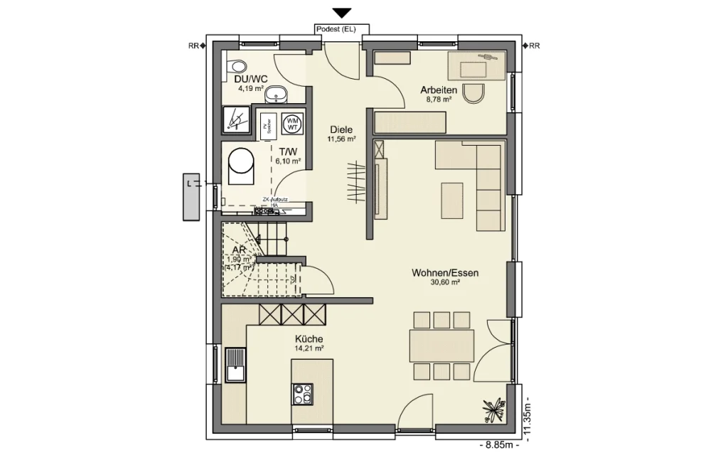 Grundriss des Erdgeschosses mit offenem Wohn- und Essbereich, Küche, Arbeitszimmer, Hauswirtschaftsraum und Gäste-WC.