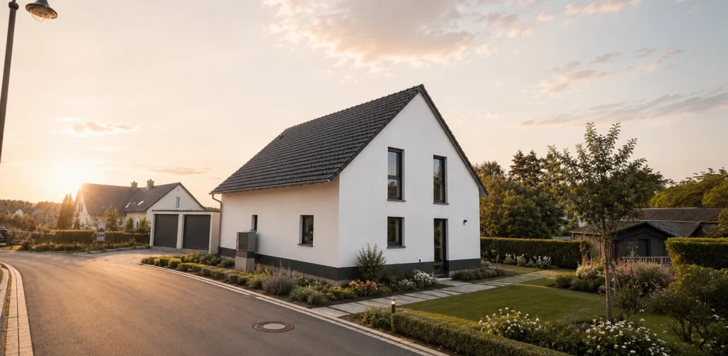 Modernes Einfamilienhaus von Büttner Massivhaus mit weißer Fassade, Satteldach, Doppelgarage und angelegtem Garten bei Sonnenuntergang.