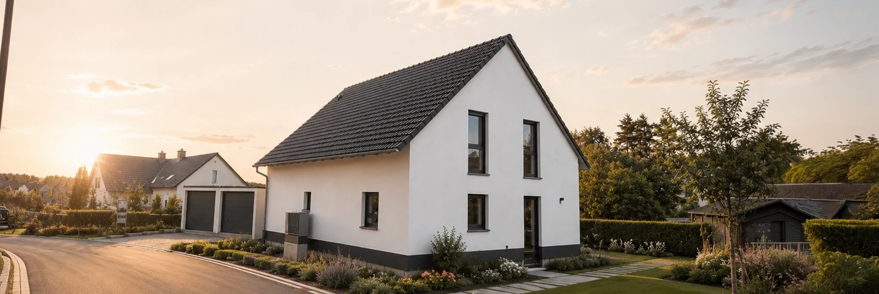 Modernes Einfamilienhaus von Büttner Massivhaus mit weißer Fassade, Satteldach, Doppelgarage und angelegtem Garten bei Sonnenuntergang.