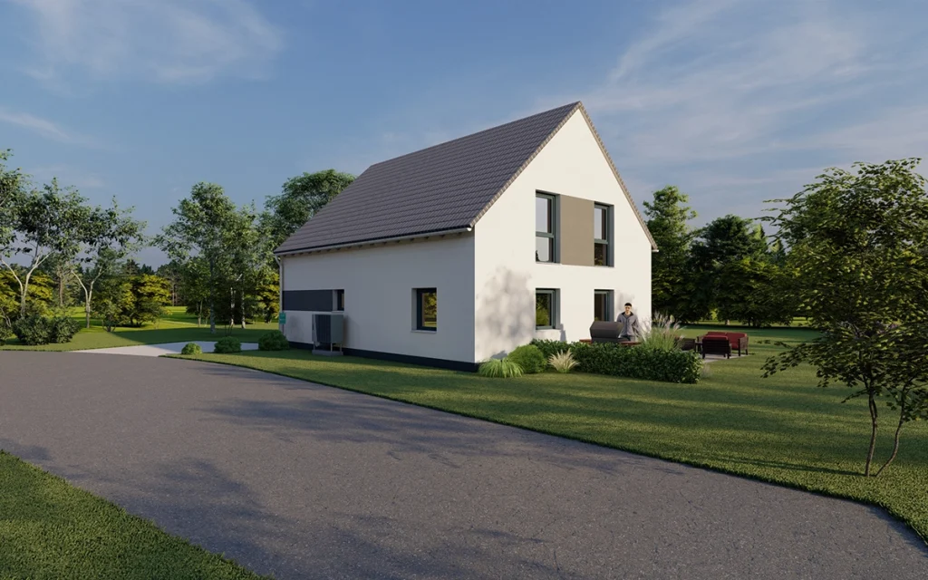 Modernes Einfamilienhaus mit Satteldach, weißer Fassade und Gartenansicht.