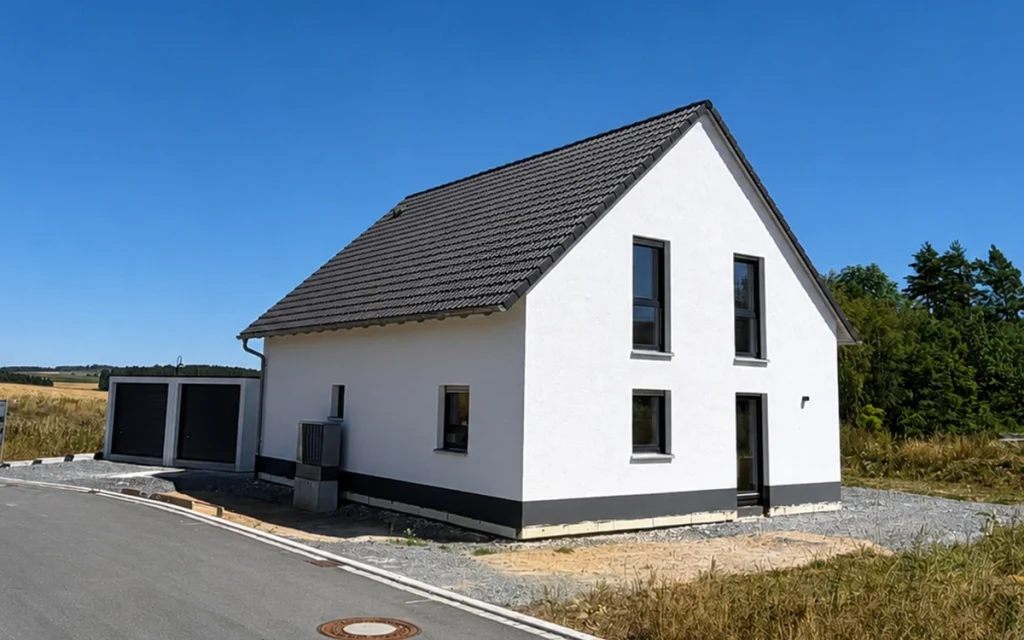 Modernes Einfamilienhaus mit klassischem Satteldach, weißer Fassade, großen Fenstern und Doppelgarage.