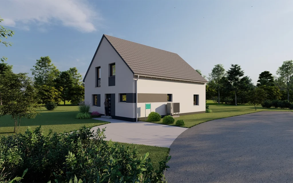 Modernes Einfamilienhaus mit Satteldach, weißer Fassade und Eingangsbereich.