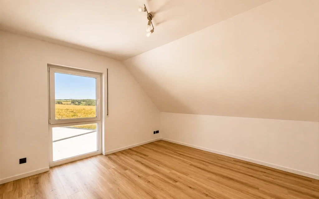 Helles Zimmer im Dachgeschoss eines Einfamilienhauses mit Holzfußboden, Dachschräge und bodentiefem Fenster.
