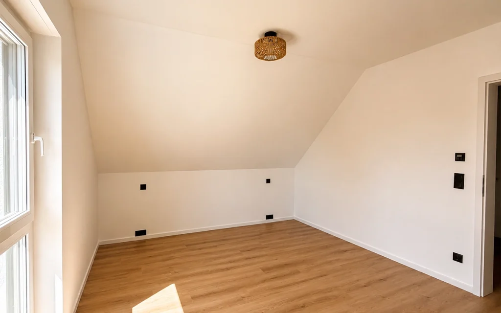 Modernes Zimmer im Dachgeschoss mit Dachschräge, hellem Holzfußboden und großem Fenster.