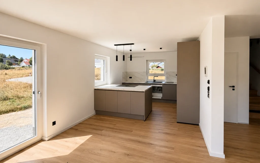 Moderne offene Küche mit Kochinsel, großen Fenstern und angrenzendem Wohnbereich in einem Einfamilienhaus.