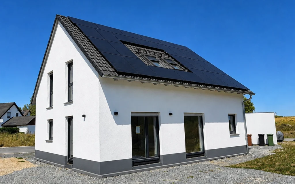 Modernes Einfamilienhaus von Büttner Massivhaus mit weißer Fassade, Satteldach und Photovoltaikanlage.