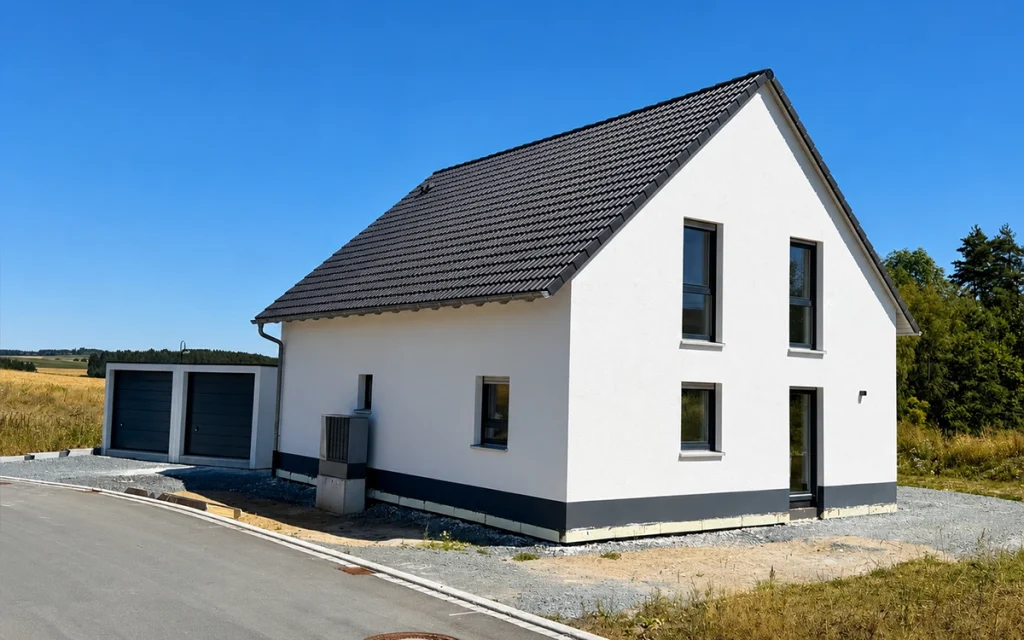 Einfamilienhaus mit Satteldach, weißer Fassade, Wärmepumpe und angrenzender Doppelgarage.