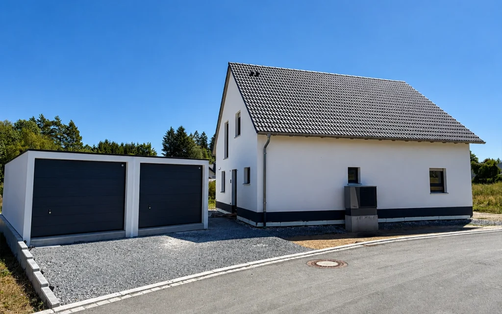 Seitenansicht eines modernen Einfamilienhauses von Büttner Massivhaus mit Doppelgarage und Wärmepumpe.