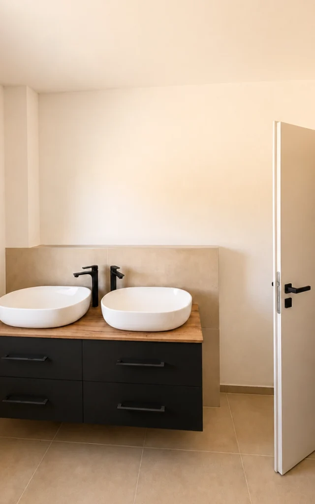 Modernes Badezimmer mit zwei Aufsatzwaschbecken, schwarzen Armaturen und Waschtisch in Holzoptik.