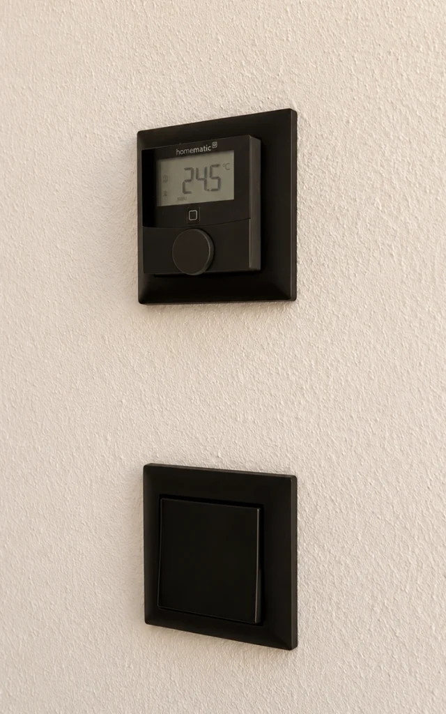 Digitaler Raumthermostat zur Steuerung der Raumtemperatur mit schwarzem Schalter in einem modernen Einfamilienhaus.
