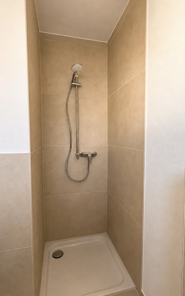 Bodennah gestaltete Dusche mit großformatigen beigen Fliesen und moderner Handbrause.