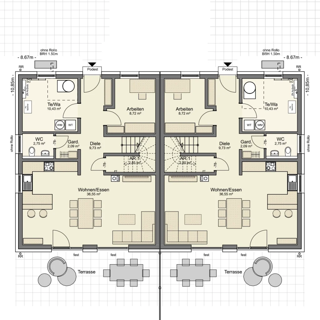 Grundriss des Erdgeschosses eines Simply Home Doppelhauses von Büttner Massivhaus mit offenem Wohn- und Essbereich, Küche, Arbeitszimmer, Gäste-WC, Hauswirtschaftsraum, Diele sowie Terrasse je Haushälfte.