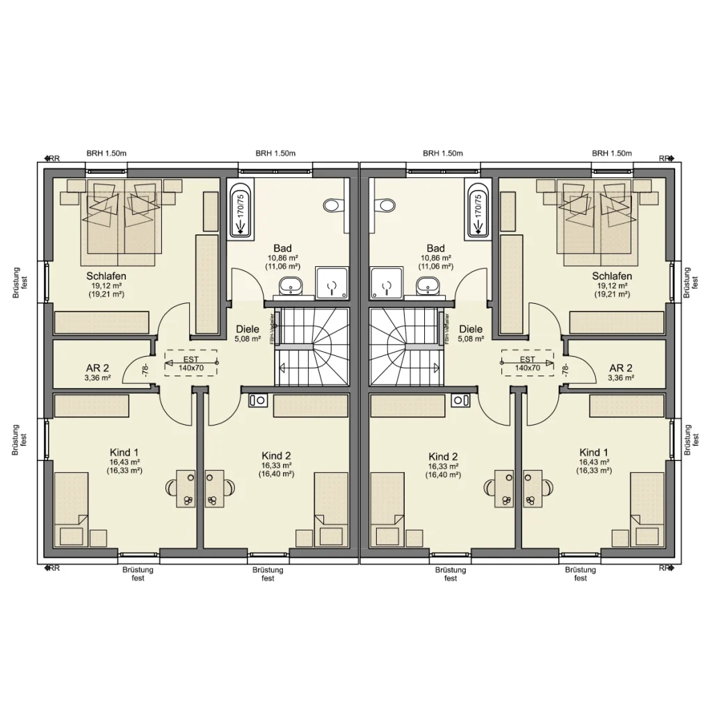 Grundriss des Obergeschosses eines Simply Home Doppelhauses von Büttner Massivhaus mit Schlafzimmer, zwei Kinderzimmern, Badezimmer, Abstellraum und zentralem Treppenhaus je Haushälfte.