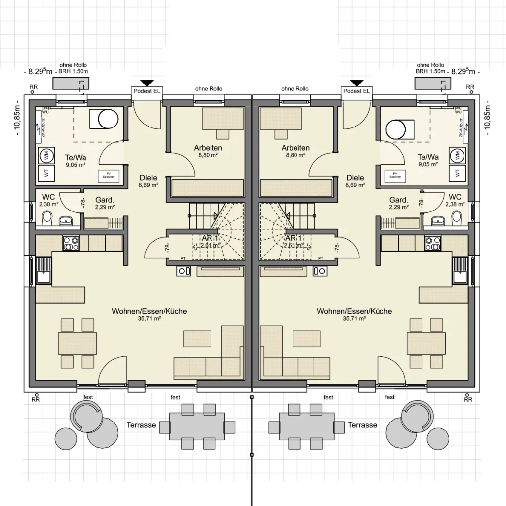 Grundriss des Erdgeschosses eines Simply Home Doppelhauses von Büttner Massivhaus mit offenem Wohn-, Ess- und Küchenbereich, Arbeitszimmer, Gäste-WC, Hauswirtschaftsraum, Diele sowie Terrasse je Haushälfte.