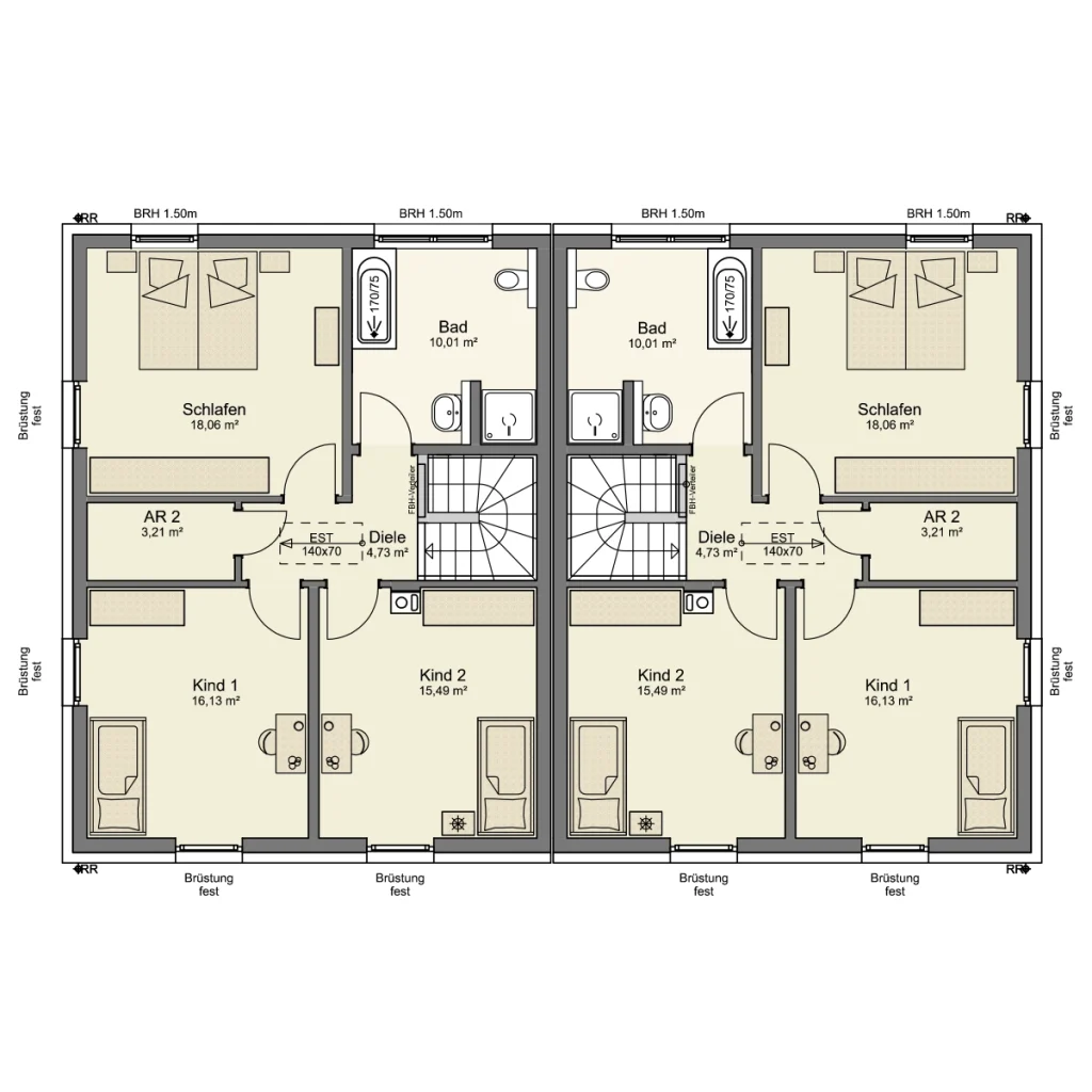 Grundriss des Obergeschosses eines Simply Home Doppelhauses von Büttner Massivhaus mit Schlafzimmer, zwei Kinderzimmern, Badezimmer, Abstellraum und zentralem Treppenhaus je Haushälfte.