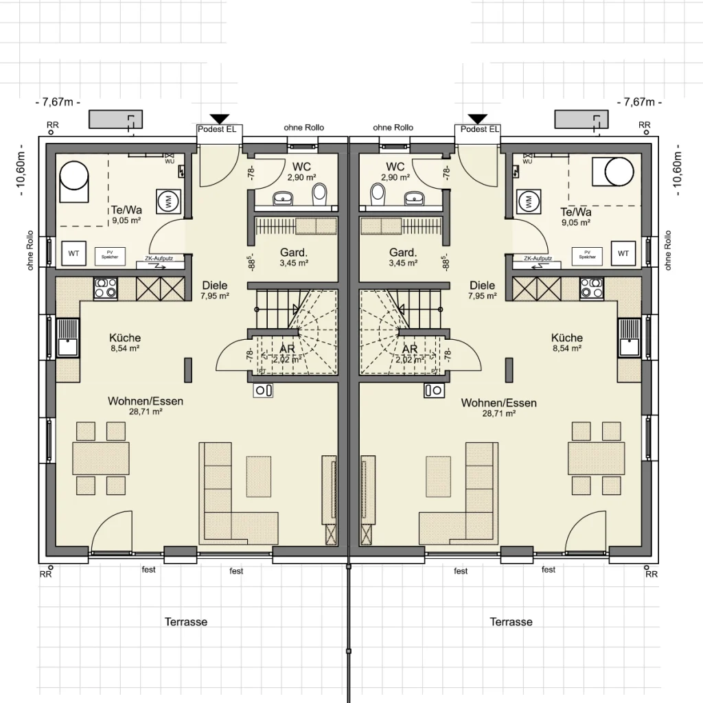 Grundriss des Erdgeschosses eines Simply Home Doppelhauses von Büttner Massivhaus mit offenem Wohn- und Essbereich, Küche, Diele, Gäste-WC, Hauswirtschaftsraum sowie Terrasse auf beiden Haushälften.