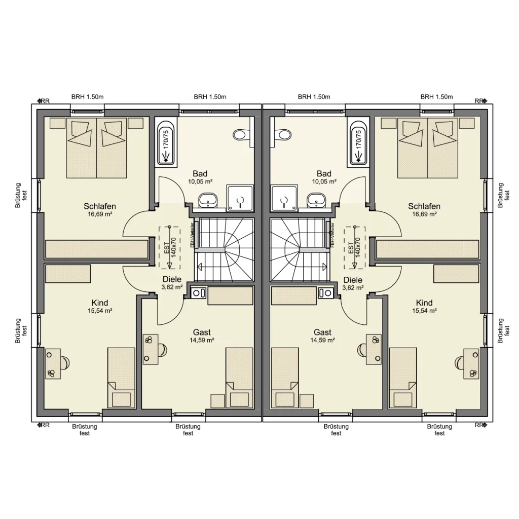 Grundriss des Obergeschosses eines Simply Home Doppelhauses von Büttner Massivhaus mit Schlafzimmer, Kinderzimmer, Gästezimmer, Badezimmer und zentralem Treppenhaus je Haushälfte.