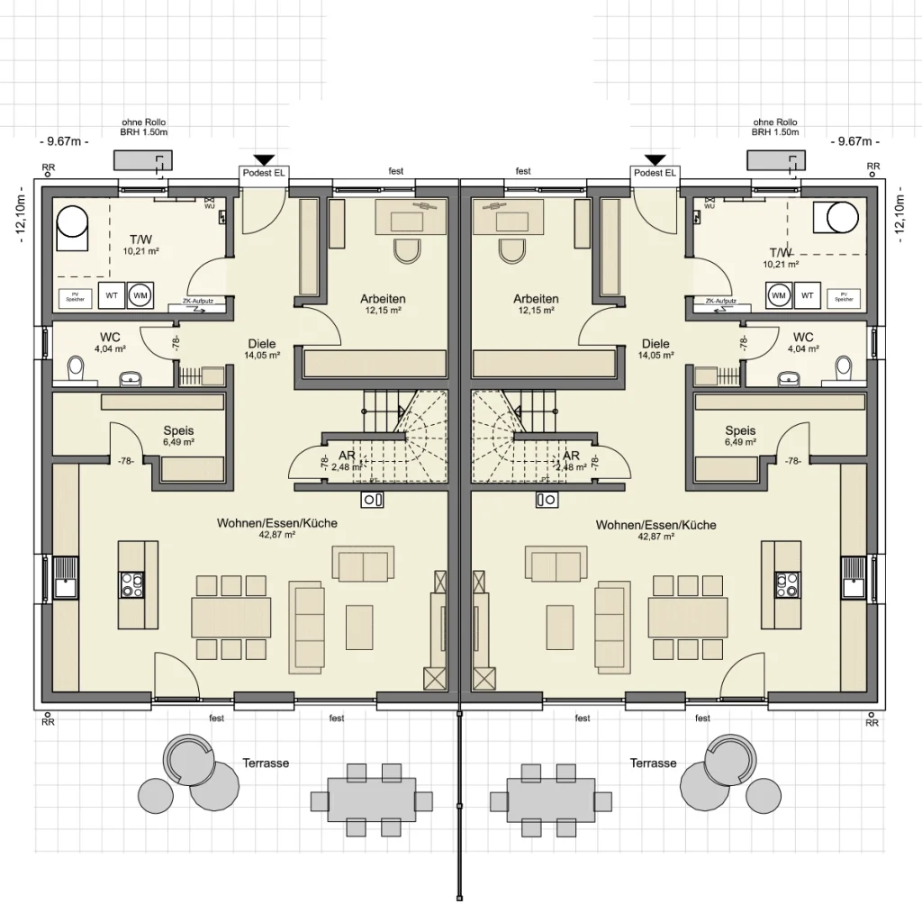 Grundriss des Erdgeschosses eines Simply Home Doppelhauses von Büttner Massivhaus mit offenem Wohn-, Ess- und Küchenbereich, Arbeitszimmer, Speisekammer, Gäste-WC, Hauswirtschaftsraum, Diele und Terrasse je Haushälfte.
