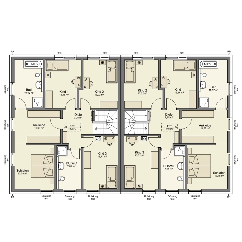 Grundriss des Obergeschosses eines Simply Home Doppelhauses von Büttner Massivhaus mit Schlafzimmer, drei Kinderzimmern, Ankleidezimmer, zwei Badezimmern und zentralem Treppenhaus je Haushälfte.