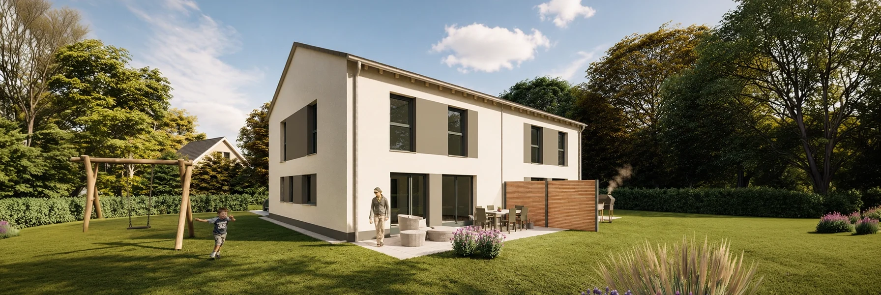 Simply Doppelhaus Obergeschoss M mit zwei Vollgeschossen und großzügigem Garten.