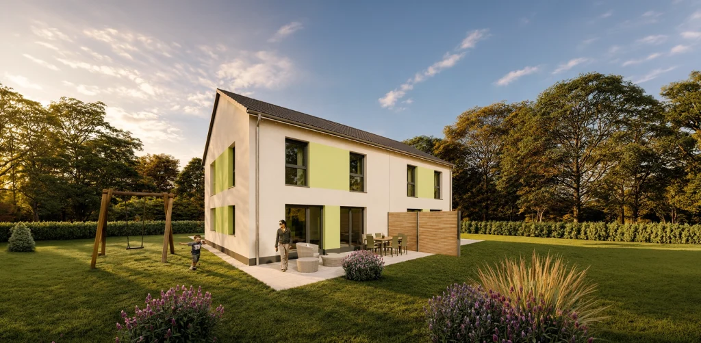 Simply Doppelhaus Obergeschoss XL mit zwei Vollgeschossen und großzügigem Garten.