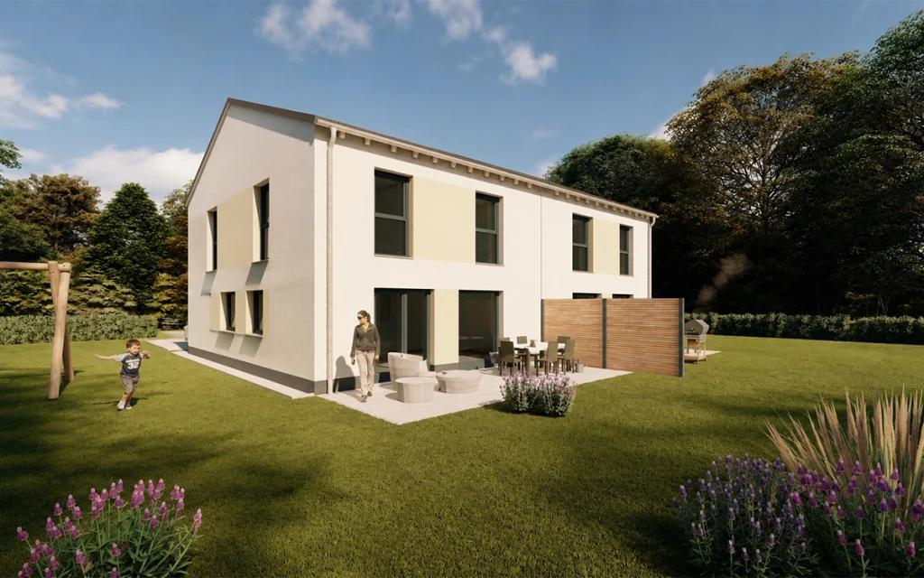 Terrassenansicht des Simply Doppelhaus Obergeschoss L mit modernem Außenbereich.