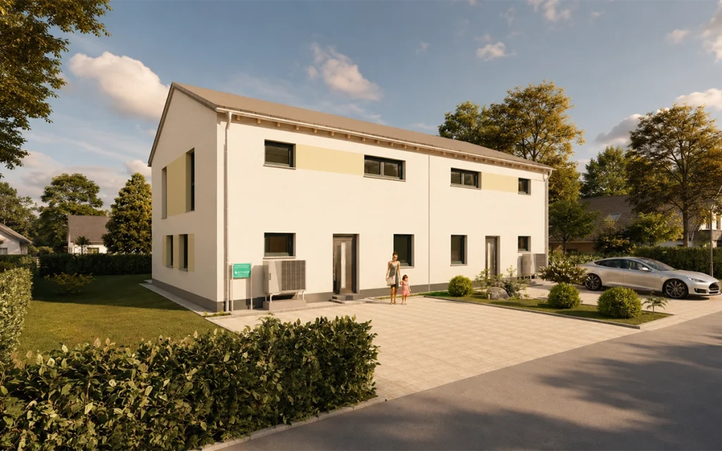 Eingangsbereich des Simply Doppelhaus Obergeschoss L mit Stellplätzen und Vorgarten.