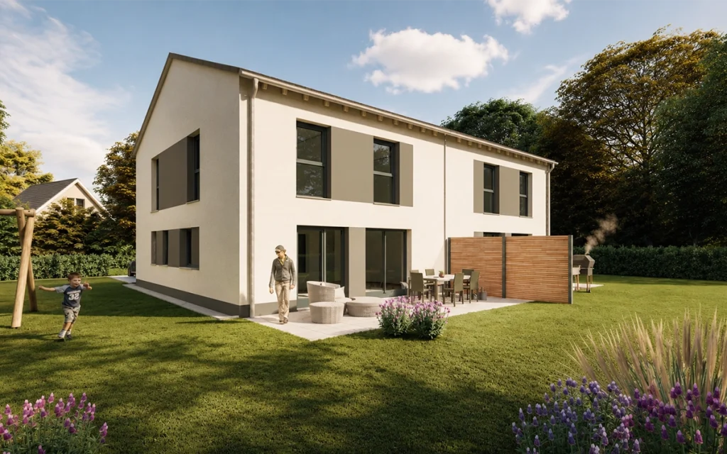 Terrassenansicht des Simply Doppelhaus Obergeschoss M mit modernem Außenbereich.