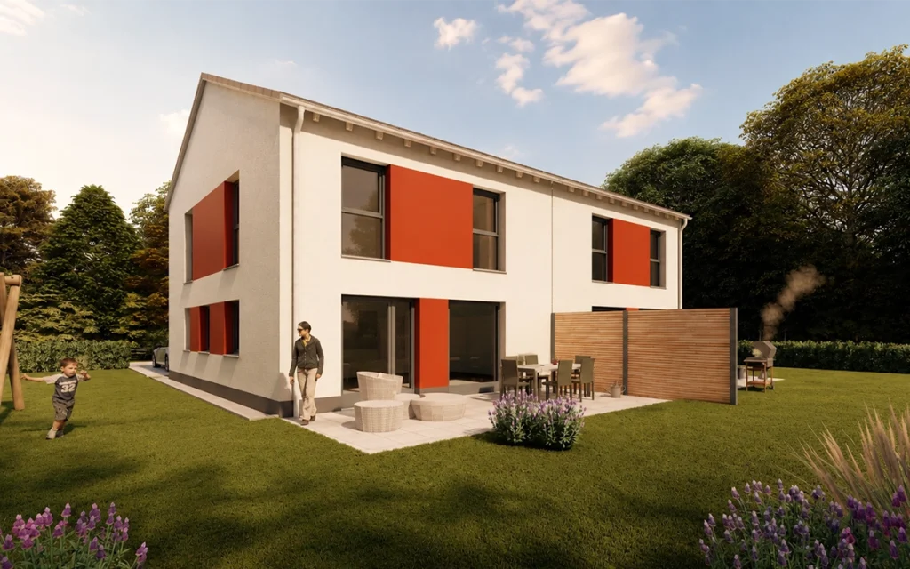 Terrassenansicht des Simply Doppelhaus Obergeschoss S mit modernem Außenbereich.
