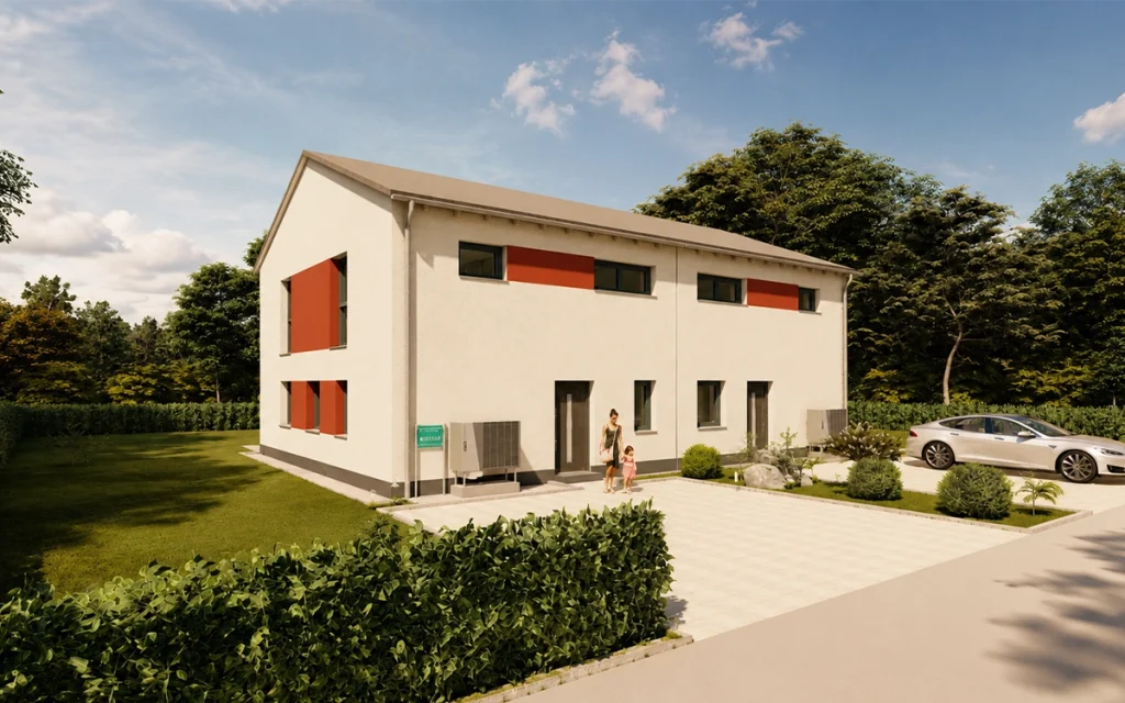 Eingangsbereich des Simply Doppelhaus Obergeschoss S mit Stellplätzen und Vorgarten.
