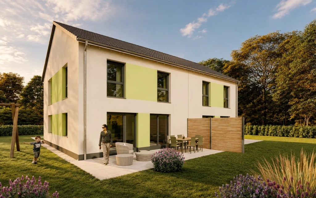 Terrassenansicht des Simply Doppelhaus Obergeschoss XL mit modernem Außenbereich.