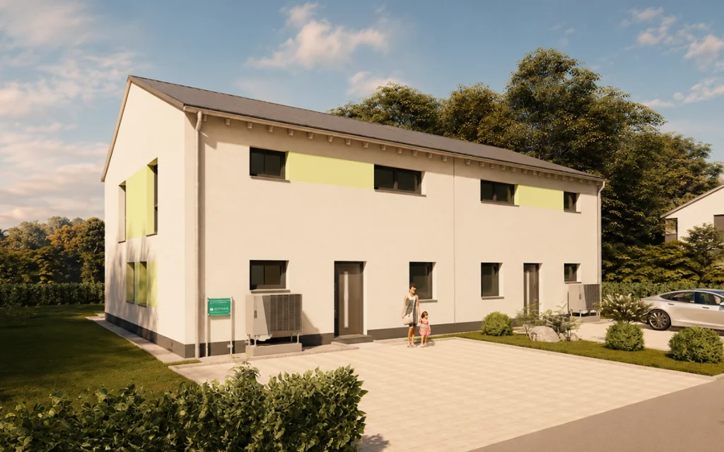 Eingangsbereich des Simply Doppelhaus Obergeschoss XL mit Stellplätzen und Vorgarten.