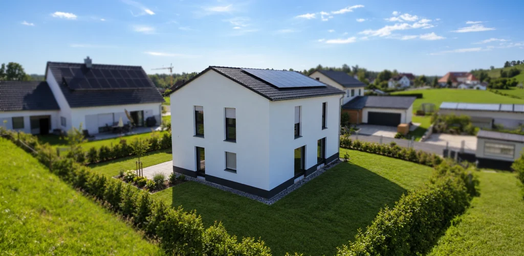 Modernes zweigeschossiges Einfamilienhaus mit Satteldach, Photovoltaikanlage und Garten