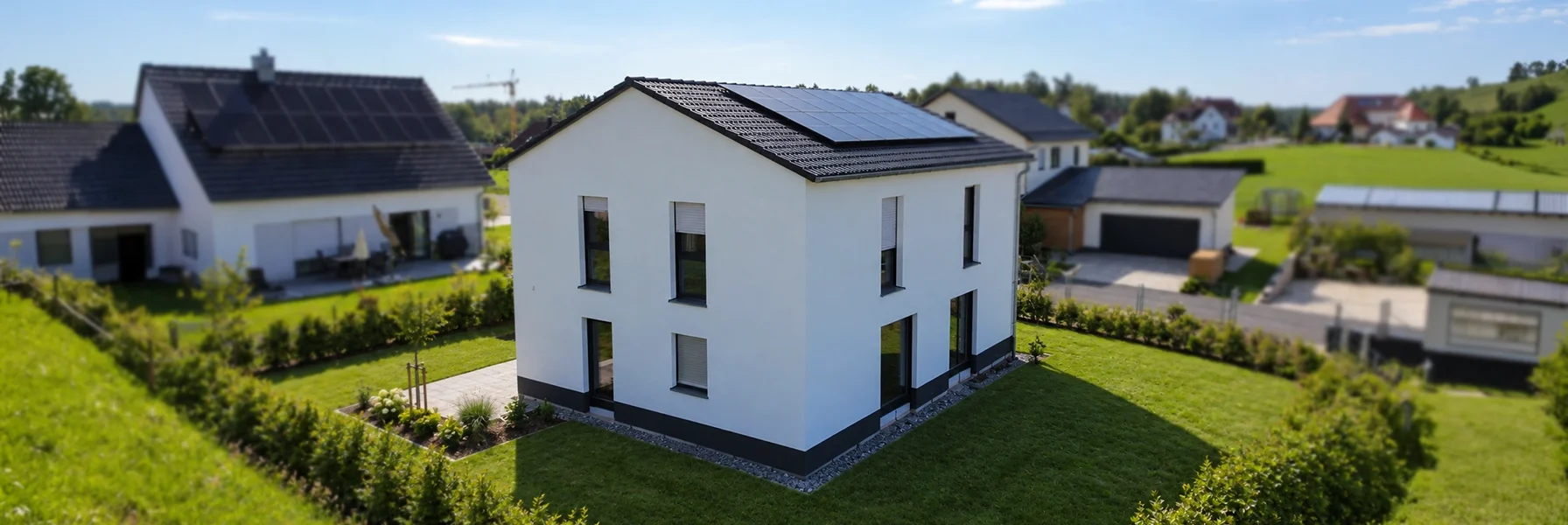 Modernes zweigeschossiges Einfamilienhaus mit Satteldach, Photovoltaikanlage und Garten