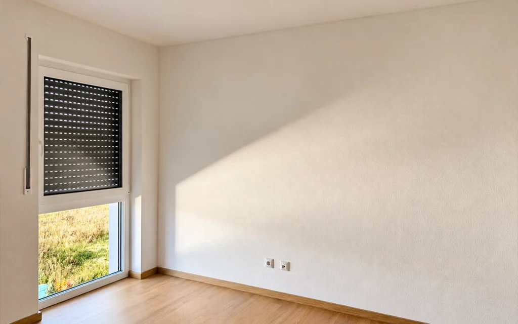 Helles Kinderzimmer mit bodentiefem Fenster und Holzfußboden